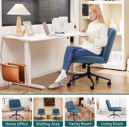 OLIXIS Criss Cross Chair with Wheels Wide Cross Legged Office Desk Vanity Chair Comfy Fabric Armless Height Adjustable Swivel for Home Computer Task Blue
