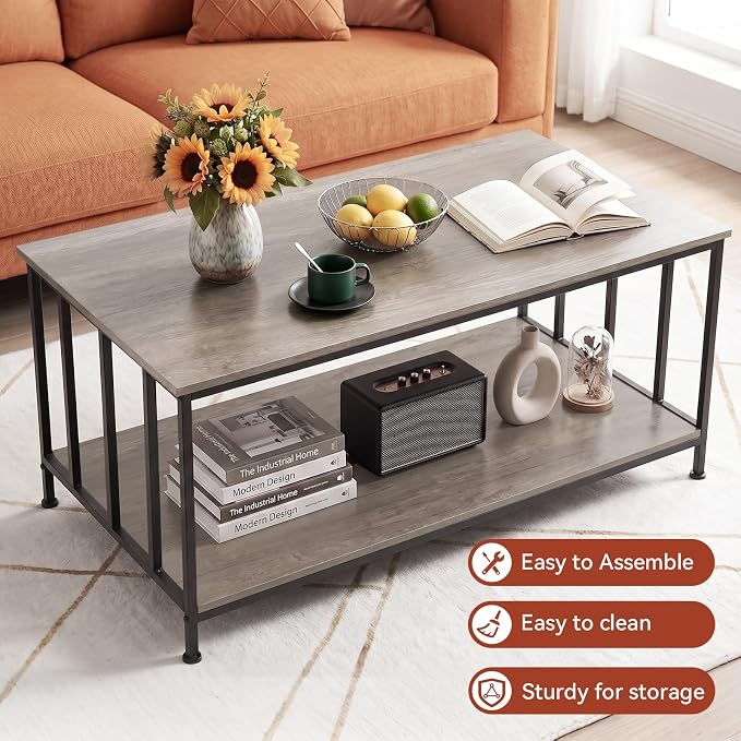 SENIG 2-Tier Coffee Table 39.4" with Slatted Sides Frame, Grey Oak | Industrial Wood and Metal Center Table for Home Office Kitchen 39.4" L x 21.7" W