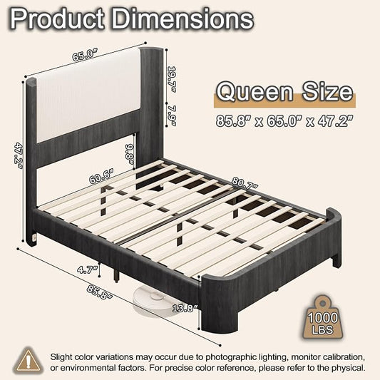 Queen Size Upholstered Platform Bed Frame with Wingback Headboard, Motion-Sensing LED Lights, Sturdy Slats, Mattress-Lock Footboard, PU Leather,No Box Spring Needed, Easy Assembly, Dark Grey Oak