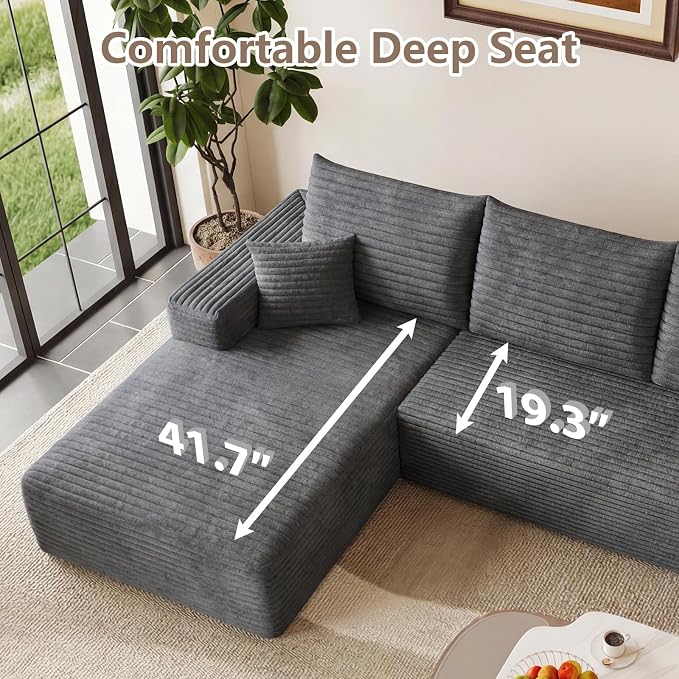 95" Cloud Sectional Couch with L-Shape Chaise, Modular Comfy Sofa Chaise Longue, Upholstered Corduroy Couches Sleeper with Deep Seat for Living Room Bedroom, No Assembly Required(Grey, Left Facing)