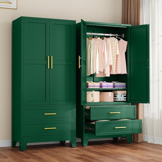 winiowa Metal Armoire Wardrobe Closet with 2 Drawers, 71" Wardrobe Cabinet with Adjustable Shelves and Hanging Rod, Clothing Storage Cabinet Closet for Bedroom-Green