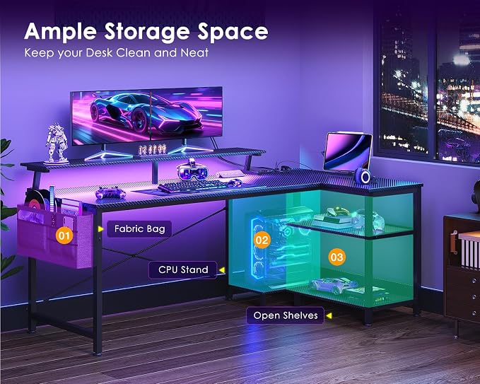 ODK 58 Inch Gaming Desk with USB Charging Ports and LED Lights, Reversible L Shaped Computer Desk with Storage Shelves & Monitor Stand, Corner Gamer Desk Table with Power Outlets, Black