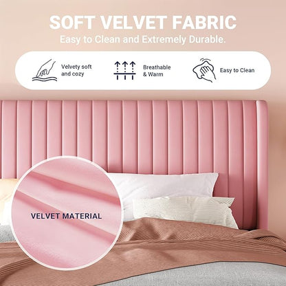 Allewie King Size Velvet Bed Frame/Vertical Channel Tufted Wingback Headboard/Upholstered Platform Bed/Strong Wooden Slats/No Box Spring Needed/Easy Assembly/Pink