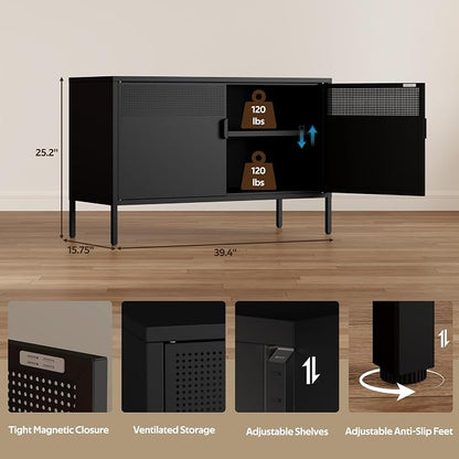 Black 25" H Metal Storage Cabinet, Metal TV Stand with Adjustable Shelf, 2 Door Accent Cabinet, 2-Tier Low Cabinet with Vent Hole, Storage Cabinets for Entryway, Home Office, Music Studio