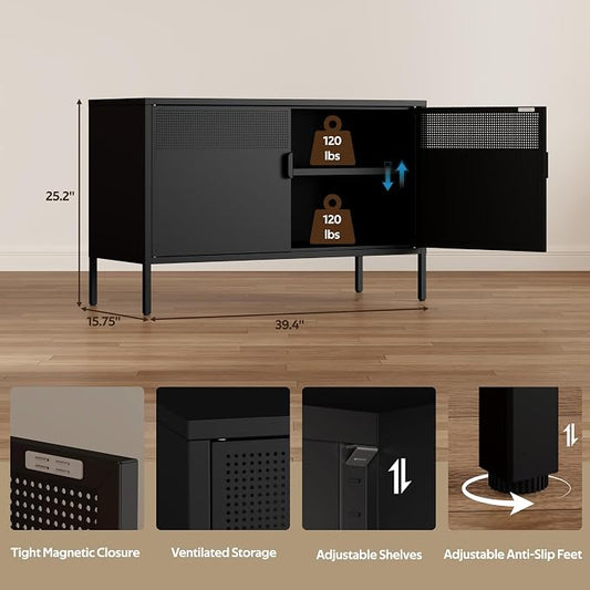 Black 25" H Metal Storage Cabinet, Metal TV Stand with Adjustable Shelf, 2 Door Accent Cabinet, 2-Tier Low Cabinet with Vent Hole, Storage Cabinets for Entryway, Home Office, Music Studio