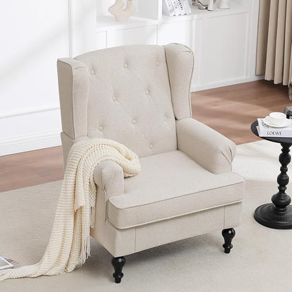 Accent Chair for Living Room, Mid Century Modern Upholstered Armchair, Wingback Chair with Tufted High Back and Solid Legs, Comfy Single Sofa Side Chairs for Bedroom, Khaki