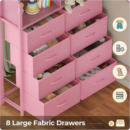 ADORNEVE Twin Size Loft Bed with Desk and 8 Storage Drawers, Metal Kids Loft Bed Twin with LED Lights & Charging Sation, Storage Shelves, 13.1" H Safety Guard & Ladder, No Box Spring Needed, Pink