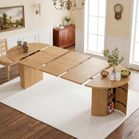 43-95 Inch Oval Extendable Dining Table for 4-10, Fluted Space Saving Round Kitchen Table with 3 Leaf, 2 Storage, Mid Century Modern Long Dining Room Dinner Table for Living Room, Oak, Natural