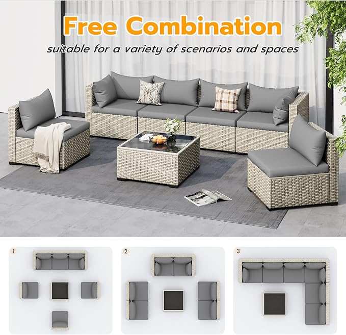 UDPATIO Outdoor Patio Furniture Set, 7 Pcs PE Wicker Sectional Sofa with Tea Table, Outdoor Conversation Set for Patio, Garden, Backyard (Grey Cushions with Light Grey Rattan)