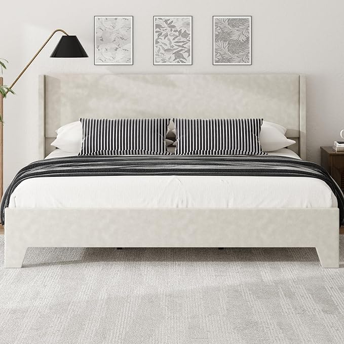 King Bed Frame with Faux Leather Upholstered Headboard, Wear-Resistant, Easy Clean, Mattress Foundation, No Box Spring Required, Easy Assembly, Beige