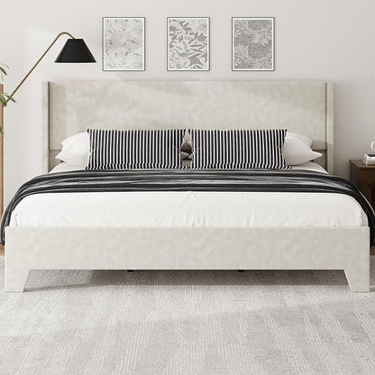 King Bed Frame with Faux Leather Upholstered Headboard, Wear-Resistant, Easy Clean, Mattress Foundation, No Box Spring Required, Easy Assembly, Beige