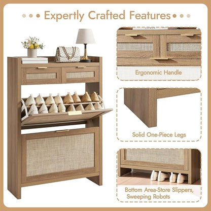 HOKYHOKY Rattan Shoe Storage Cabinet with 2 Drawers & 2 Flip Drawers – Hidden Slim Shoe Organizer for Entryway, Large Tabletop Space, Farmhouse Boho Narrow Shoe Rack, Rustic Oak