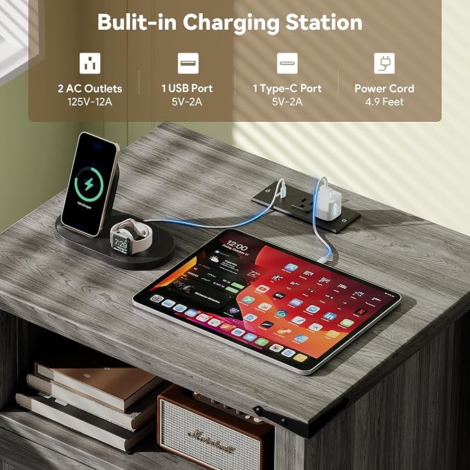 Decofy Farmhouse Nightstand with Charging Station, 18'' Wide Rustic End Table with USB/Type-C Ports, 2 Drawers & Open Shelf, Wood Bedside Table for Bedroom, Grey Oak