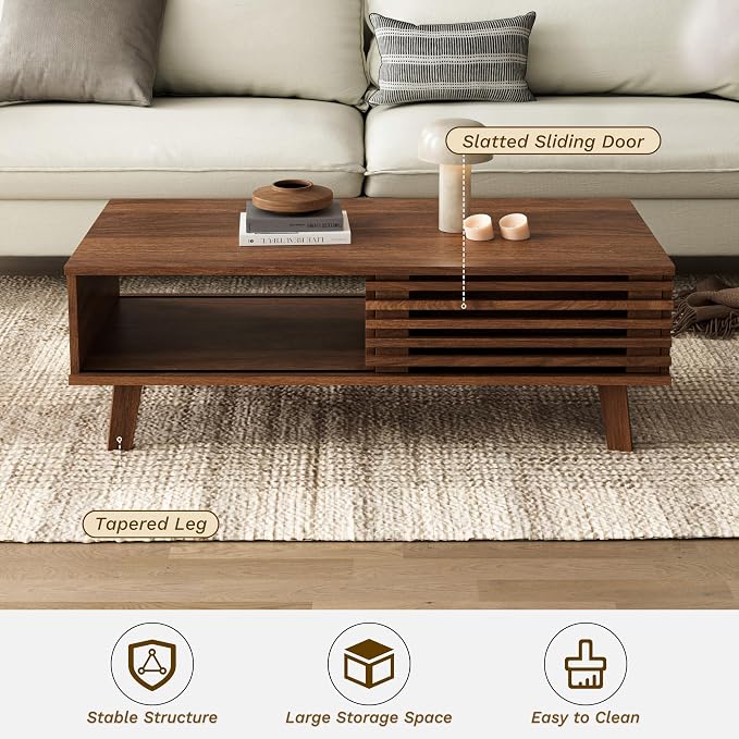 Furniway Mid Century Modern Coffee Table, Wood Coffee Table with Storage, Farmhouse Table for Living Room, Apartment, Walnut
