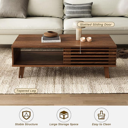 Furniway Mid Century Modern Coffee Table, Wood Coffee Table with Storage, Farmhouse Table for Living Room, Apartment, Walnut