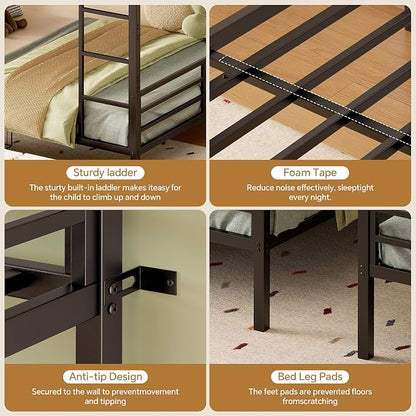 Full Over Full Metal Bunk Bed with 2 Rolling Under-Bed Storage Drawers | Charging Station, Stable Square Tube Frame, Converts to Separate 2 Twin Beds, Full Safety Guardrails & Ladder for Bedroom