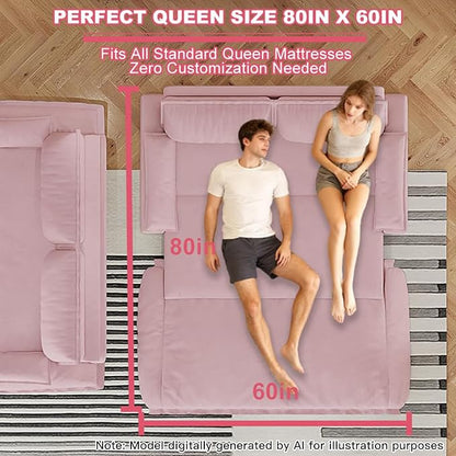 70.1" Sofa Bed Queen Size, Pull Out Couch Bed, 3-in-1 Convertible Sleeper Sofa with Cushion Armrest, Modern Velvet Futon Couch for Living Room, Small Space, Apartment, Bedroom, Pink