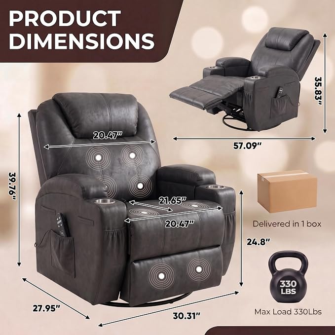 JUMMICO Small Swivel Rocker Recliner, 360 Rocking Chair Recliner with Massage, Upholstered Leathaire Rocker Recliner with Cup Holder for Living Room, Bedroom, Nursery (Black)