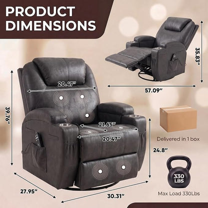 JUMMICO Small Swivel Rocker Recliner, 360 Rocking Chair Recliner with Massage, Upholstered Leathaire Rocker Recliner with Cup Holder for Living Room, Bedroom, Nursery (Black)