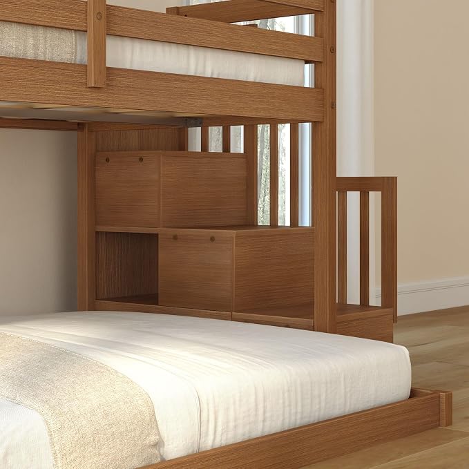 Grain & Grove Bear Twin Over Full Low Bunk Bed with Staircase, Solid Guardrails, Reversible Stairs, Engineered Wood, Oak Embossed Pecan