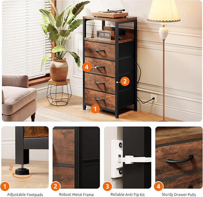 Lazzanto NightStand Bedside Charging Table Bedroom - Night Stand with Charger Station, Modern Nightstand with Open Shelf & 4 Fabric Drawers, Bed Side Table with USB-C USB Ports & AC Outlets for Dorm