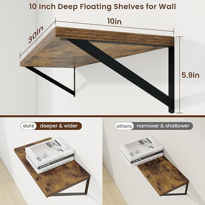 Axeman 30 Inch Floating Shelves | 10 Inch Deep Brown Wall Shelves Set of 2 | 30" W x 10" D Rustic Brown Floating Shelves for Living Room Bathroom Kitchen