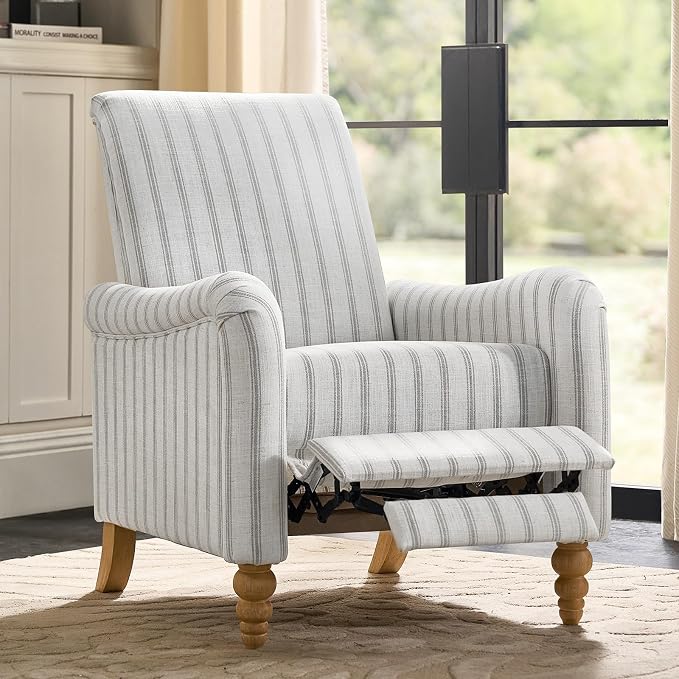 HULALA HOME Farmhouse Recliner Chair with Solid Wood Spindle Legs, Striped Push Back Recliner Armchair with Adjustable Backrest & Footrest, Comfy High Back Lazyboy Single Sofa for Living Room, Grey