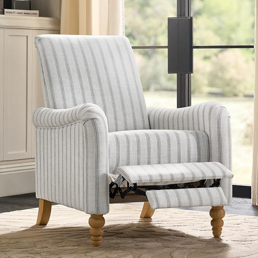 HULALA HOME Farmhouse Recliner Chair with Solid Wood Spindle Legs, Striped Push Back Recliner Armchair with Adjustable Backrest & Footrest, Comfy High Back Lazyboy Single Sofa for Living Room, Grey