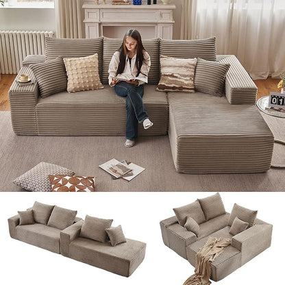 96" Modular Sectional Sofa, Modern Corduroy Cloud Couch with Deep Seat, Boneless Couch Upholstered 3-Seater L-Shaped Sofa for Living Room, No Assembly Required (Camel, Right-Facing Chaise)