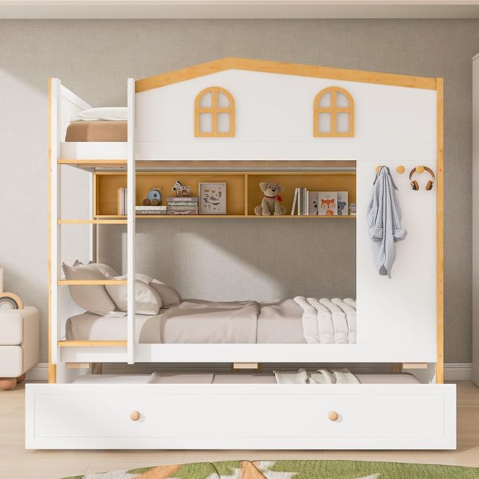 Merax Twin Over Twin Size House Bunk Bed with Storage Shelves & Pull-Out Trundle, Solid Wood Space-Saving Loft Bed Frame with Safety Guardrails for Bedroom, White+Natural