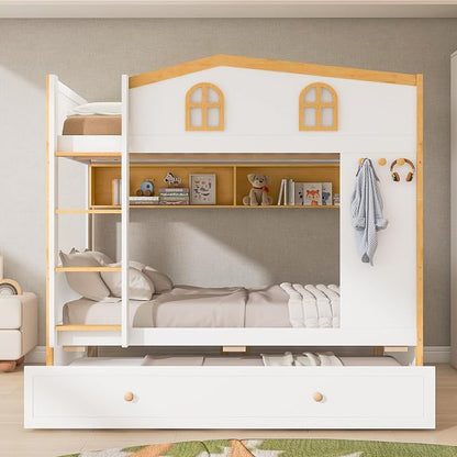 Merax Twin Over Twin Size House Bunk Bed with Storage Shelves & Pull-Out Trundle, Solid Wood Space-Saving Loft Bed Frame with Safety Guardrails for Bedroom, White+Natural