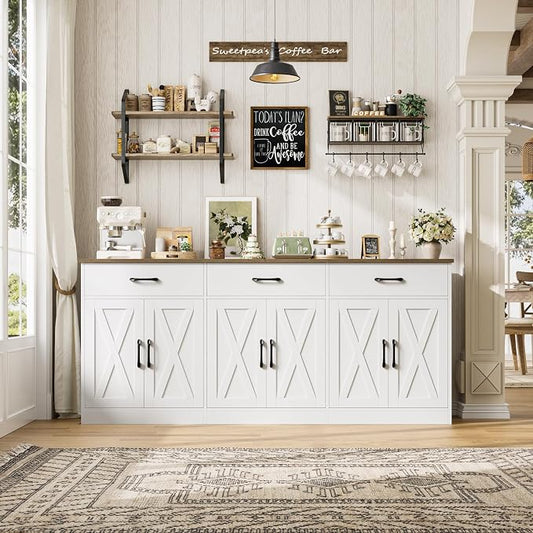 HOSTACK 71" Large Sideboard Buffet Cabinet with Storage, Farmhouse Coffee Bar Cabinet with 3 Drawers, Long Kitchen Buffet Table, Kitchen Sideboard Storage Cabinet for Dining Room, Living Room, White
