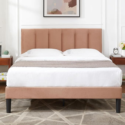 VECELO Full Size Bed Frame with Upholstered Headboard, Heavy-Duty Bedframe with Wooden Slats & Steel Framework, Easy Assembly, Coffee
