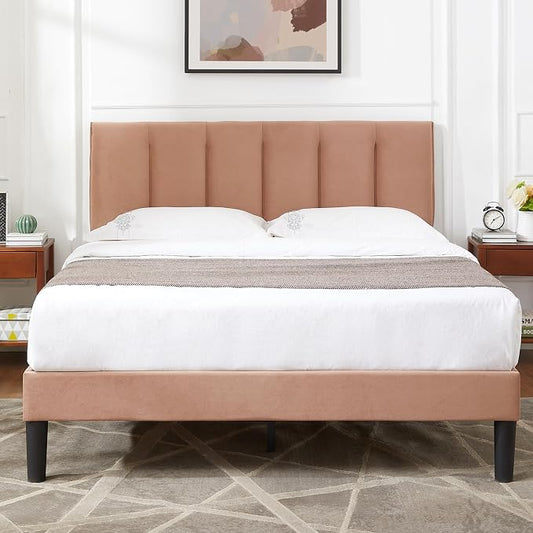 VECELO Full Size Bed Frame with Upholstered Headboard, Heavy-Duty Bedframe with Wooden Slats & Steel Framework, Easy Assembly, Coffee