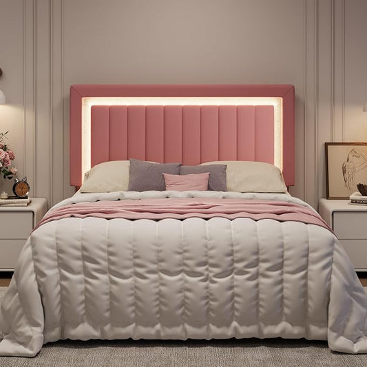SHA CERLIN Full Size Velvet Bed Frame with LED Light, Adjustable Vertical Channel Tufted Headboard, Strong Wooden Slats Support, Noise-Free, No Box Spring Needed, Pink