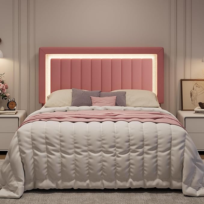 SHA CERLIN Queen Size Velvet Bed Frame with LED Light, Adjustable Vertical Channel Tufted Headboard, Strong Wooden Slats Support, Noise-Free, No Box Spring Needed, Pink