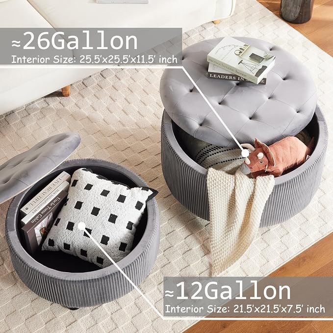29&24.5inch Large Round Storage Ottoman Coffee Table Set of 2 Modern Button Storage Coffee Table with Removable Lid for Living Room Upholstered Footrest Stool for Bedroom (Large-Grey)