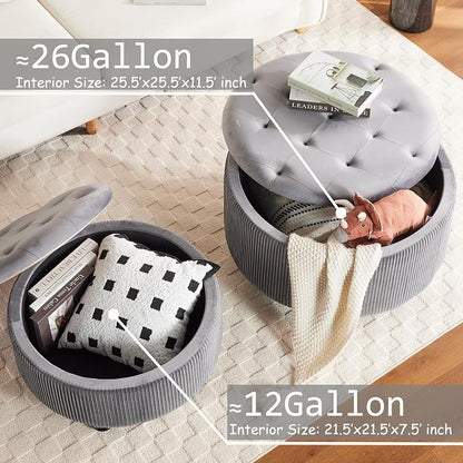 29&24.5inch Large Round Storage Ottoman Coffee Table Set of 2 Modern Button Storage Coffee Table with Removable Lid for Living Room Upholstered Footrest Stool for Bedroom (Large-Grey)