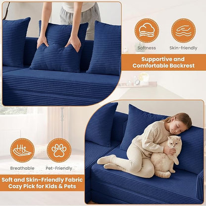65" Modular Sectional Sofa, Boneless Convertible Sleeper Sofa Bed, Modern Tri-Folding Cloud Couch with L-Shape Chaise, Corduroy Futon Couches for Small Spaces Apartment,No Assembly,Blue