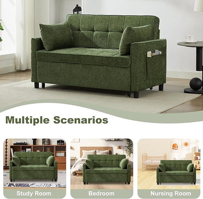 Tbfit 57" Loveseat Sleeper Convertible Sofa Bed, Futon Couch with Pullout Bed, USB & Adjustable Backrest, Chenille Full Size Pull Out Couches for Living Room, Apartment, Office, Dorm, RV, Green