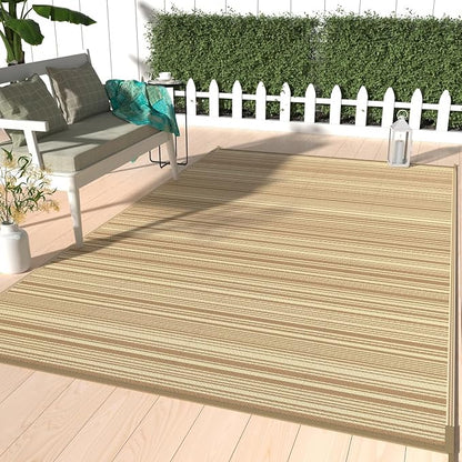 GENIMO Outdoor Rug for Patio Clearance, 9'x12' Reversible Plastic Straw Rugs, Lightweight Waterproof RV Camping Mat for Camper, Balcony, Deck, Backyard, Picnic, CoffeeBeige
