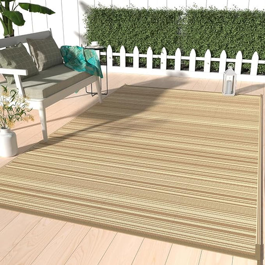 GENIMO Outdoor Rug for Patio Clearance, 9'x12' Reversible Plastic Straw Rugs, Lightweight Waterproof RV Camping Mat for Camper, Balcony, Deck, Backyard, Picnic, CoffeeBeige