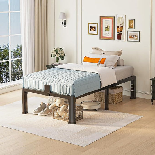 Yitong Angel 14 inch Twin Bed Frame with Rounded Corner Legs and Headboard Hole Mattress Slide Stopper 3500 LBS Heavy Duty Support Metal Platform,No Box Spring Needed, Noise Free, Easy Assembly
