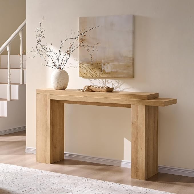 OKD 63 Inch Modern Entryway Console Table, Solid Geometry Accent Sofa Table Behind The Couch, Narrow Console Table for Entryway, Hallway, Living Room, Foyer, Natural Oak