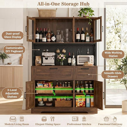 Unikito 71" Tall Pantry Cabinet, Kitchen Pantry Storage Cabinet with Charging Station & LED Lights, Large Microwave Stand Coffee Bar Hutch with Drawers & DIY Pegboard for Dining Room, Weathered Brown