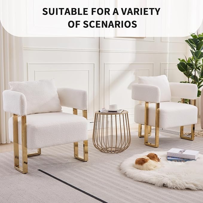 YISHENG Modern Barrel Accent Chairs Set of 2, Living Room Side Chairs with Golden Metal Legs Soft Upholstered Reading Armchairs no Wheels for Vanity/Reception Room//Bedroom/Lounge/Office, White Teddy