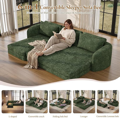 Vesgantti 110.2" Modular Sectional Sofa with Curved Armrest, 6 in 1 Convertible Folding Sleeper Sofa Bed, Chenille Boneless Couch for Living Room, No Assembly Required, Green, Left Facing Chaise