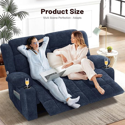 Loveseat Recliner Sofa, 2 Seater Minimalist Style Fabric Manual Pull Tab Reclining Loveseat with USB Charge Ports, Cup Holders, Recliner Love Seat Couches for Living Room, RV, Blue