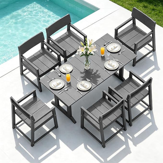 Shintenchi 7 Pieces Outdoor Dining Set,HDPE Outdoor Table and Chairs Set for 6,All Weather Patio Furniture Sets with Umbrella Hole,Modern Wooden Textured Dining Sets for Backyard,Garden,Dark Grey