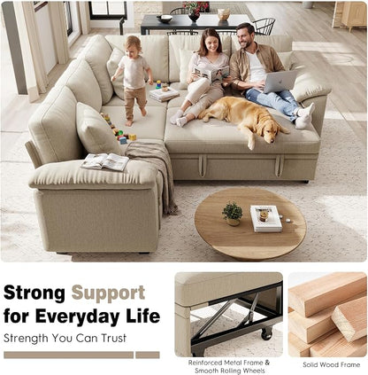 Ihanherry 86" Modular Sectional Sofa with Pull Out Bed, 5-Seater L Shaped Sectional Sleeper Couch with Storage, Chenille Convertible Couches for Living Room, Apartment (Sand)